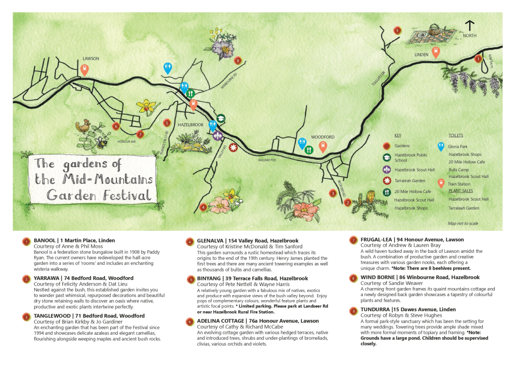 Hand-drawn map of Mid-Mountains Garden Festival trail for 2024